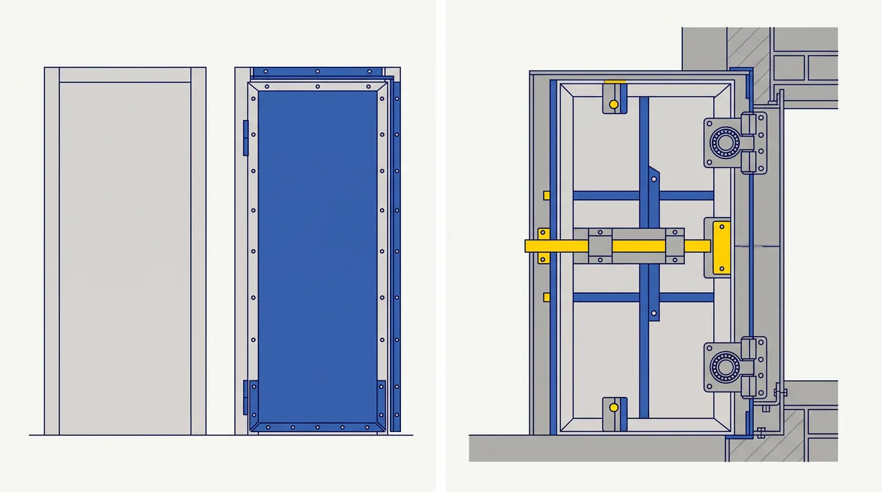 Schéma comparant un blindage sur porte existante et un bloc-porte blindé
