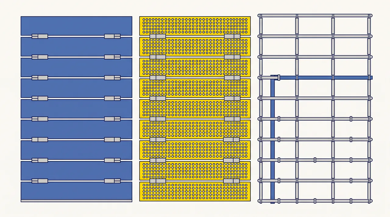 Schéma de trois types de lames de rideau métallique : pleines, micro-perforées et grille