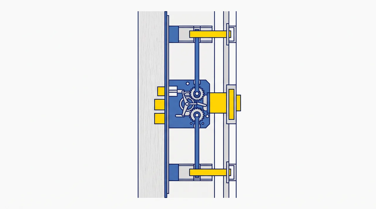 Schéma d'une serrure multipoints : boîtier, tringles et points de fermeture