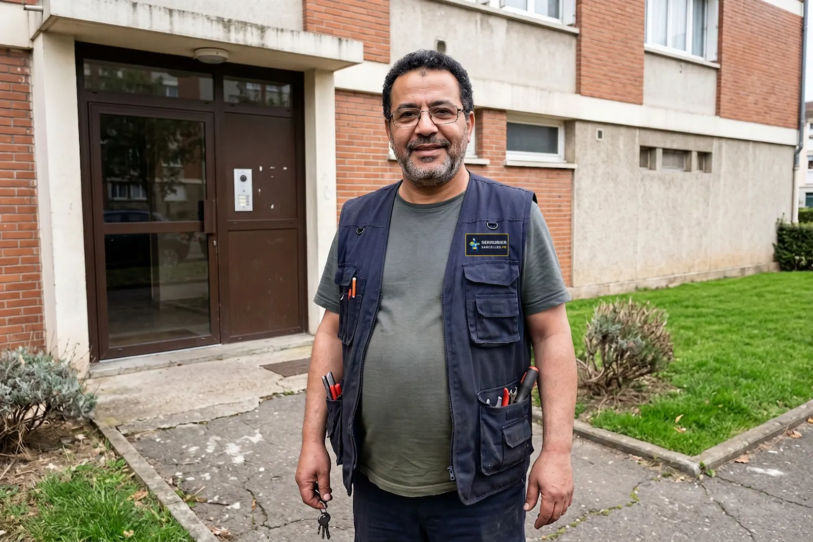 Votre serrurier à Sarcelles devant l'entrée d'une résidence, gilet de travail avec l'écusson Serrurier Sarcelles
